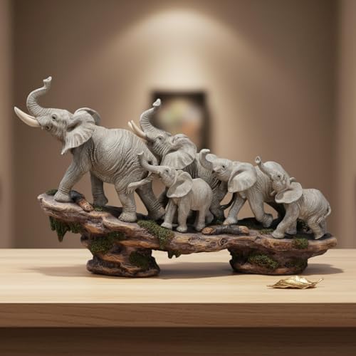Comfy Hour 14 Inch Elephant Statue, African Family Figurine - color: Gray Elephants With Weathered Cliff Base