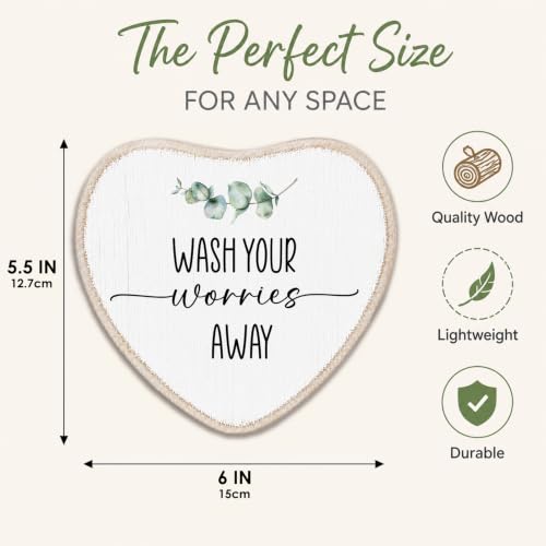Inspirational Wood Heart Wall Art - Wash Your Worries Away - Rustic Farmhouse Hanging Plaque, Gift for Home, Bathroom, Bedroom, Living Room Decor 6x5 Inch - A01 - color: WASH YOUR WORRIES AWAY
