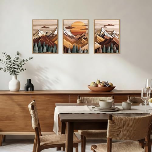 KAIRNE Woodcut Mountain Landscape Framed Canvas Wall Art Set-12"x16"x3 - color: Wood Sun Mountain Wall Art, size: 12"L x 16"W