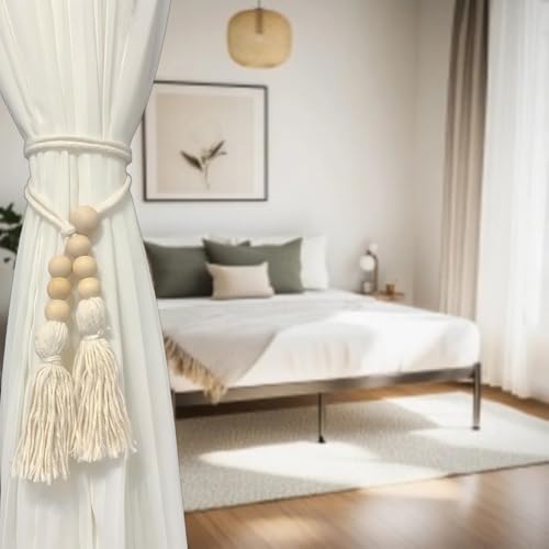 Wooden Beads Tassel Curtain Tiebacks, Curtain Tie Backs for Curtains 2 Pack, Sheer/Drapery Curtain Holdbacks, Rope Curtain Tie Backs, Boho Curtain Tiebacks for Mordern Farmhouse Home Office