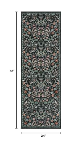 Lahome Dark Floral 2x6 Runner Rug, Washable Botanical Kitchen Runner Rug - color: Black, size: 2' x 6'