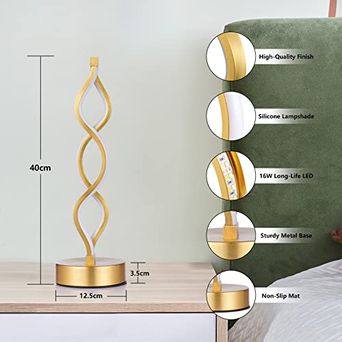 NUÜR Gold Infinity Spiral LED Table Lamp, Lamps for Bedrooms Dimmable Metallic Bedside Lamp with Touch Controller, 3 Colour Temperature, 15.8 Inch Height for Living Room - color: Gold