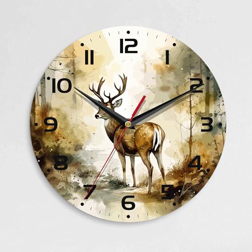 Wall Clock, 10 Inch Silent Non-Ticking Home Kitchen Decor, Battery Operated for Bathroom Bedroom Living Room Office(Forest Deer) - color: Forest Deer