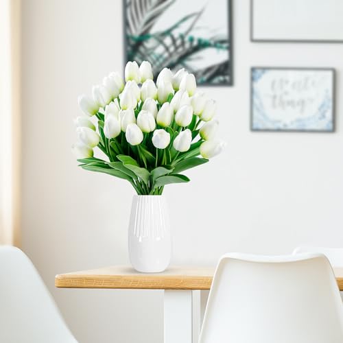 Sggvecsy 15 Pcs Fake Tulips Artificial Flowers Real Touch PU Faux Flowers Tulip Stems for Wedding Spring Bouquet Floral Arrangement Home Party Office Decorations for Mother's Day (Green White) - color: Green White, size: 15 Pcs