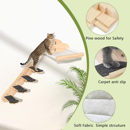 Wall Mounted Cat Hammock with 3 Climbing Steps,Pine Wood Cat Climbing Shelves & Perches up to 30lbs,Kitty Wall Shelf Furniture for Indoor Sleeping, Lounging,Climbing and Playing - size: Hammock