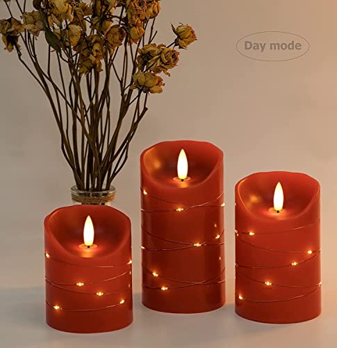 Red LED flameless Candle with Embedded Starlight String, 3 LED Candles, 10-Key Remote Control, 24-Hour Timer Function, Dancing Flame, Real Wax, Battery Powered. (Red - color: Red