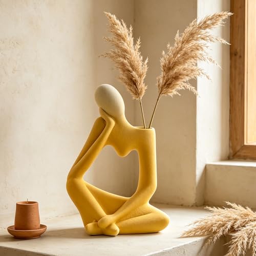 Arawat Ceramic Thinker Vase Yellow Flower Vase for Home Decor Modern Cute Boho Vases for Table Room Decor Unique Aesthetic Ceramic Decorative Vases for Centerpieces Birthday Gifts for Women Men - color: # B Yellow Ceramic Flower Vase for Home Decor