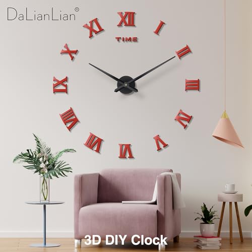 DIY Frameless Wall Clock, 3D, Adjustable Up to 52”, Red - color: Red