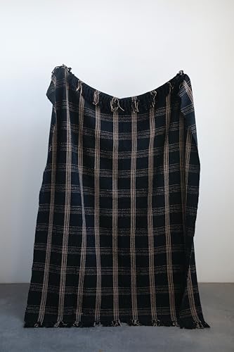 Plaid Black & Tan Fringed Woven Cotton Blend Throw - color: Black, size: One Size