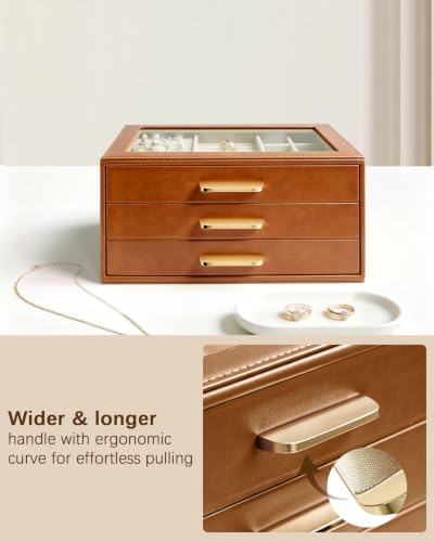 Homeanda Jewelry Boxes Organizer with Glass Lid, 3-Layer PU Leather, Brown - color: Brown, size: 3 Layer