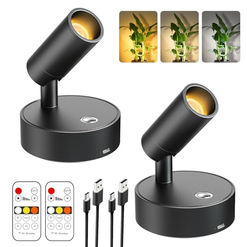 Olafus 2 Pack LED Wireless Spotlight Indoor with Timer/Remote, Black - color: Black
