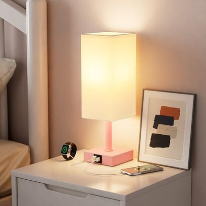 Touch Table Lamp for Bedroom - Dimmable, USB C+A, White Lamphade Pink Base - color: White & Pink