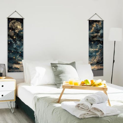 AHANDMAKER Pack of 2 Starry Sky Tapestry, Retro Moon and Stars Vertical Long Aesthetic Celestial Tapestry Doorway Curtain Tassel Wall Hanging for Bedroom Living Room, 13 x 51 Inch - color: Starry Sky