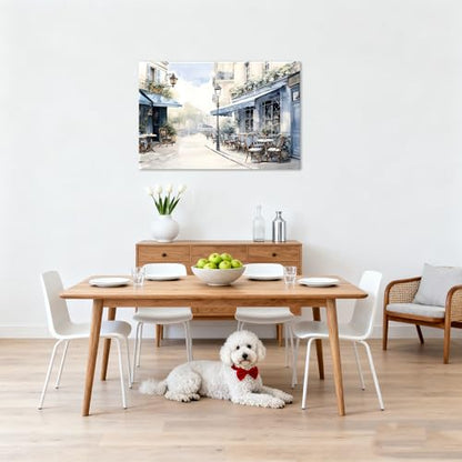 Framed Paris Cafe Canvas Wall Art, 36"x24" Blue Street Scene - color: Blue 01, size: 36"L x 24"W