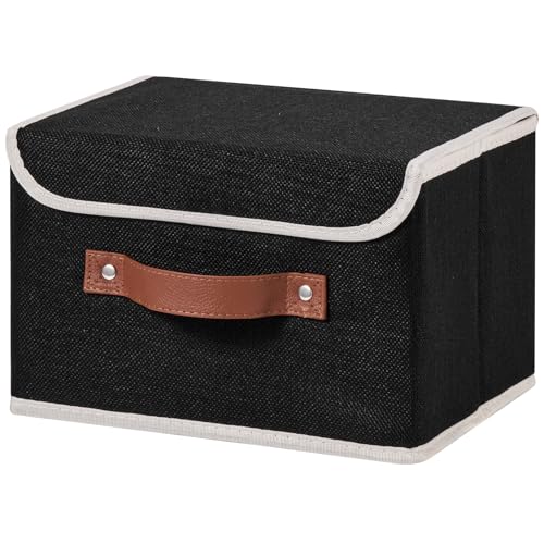 Storage Bins Box with Lids Decorative Cotton Linen Fabric Baskets | Foldable Washable Stackable Lidded Clothing Container, Shelf Closet Organizer, w/ PU Leather Handles & PP Boards, Black-Small - color: Black, size: Small ( Pack of 1 )