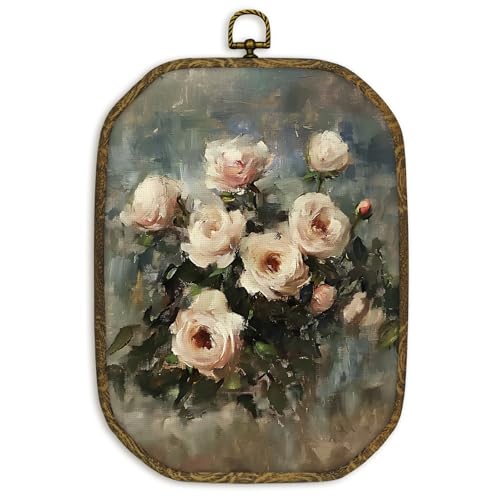 nvucamd Vintage Moody Floral Wall Art Decor Framed, Rustic Floral Octagon Canvas Prints Wall Art, Farmhouse Country Rose Hanging Decor for Bathroom Living Room Bedroom Gallery, 10.2x7 Inches - color: moody floral, size: 10.2"L x 7"W