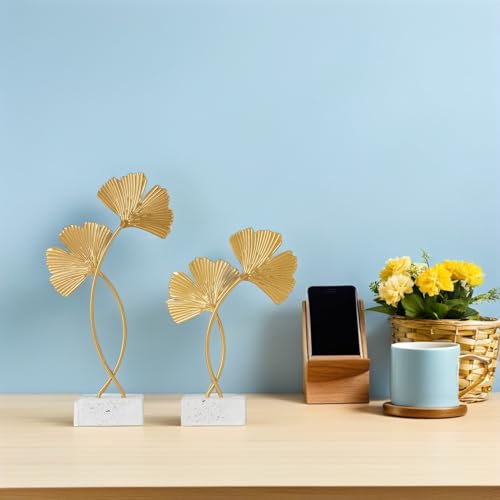 Cabilock 2Pcs Ginkgo Leaf Decor Metal Sculptures with Wood Base Nordic Gingko Leaf Adorns for Desktop Home D Cor Accents Living Room Bedroom Office