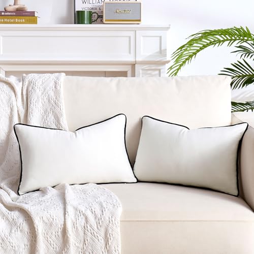 Decorative Throw Pillow Covers 12x20 Rectangle Pillow Cases Set of 2 with Black Trim Modern Decorative White Couch Pillow Covers Minimalist Style Farmhouse Throw Pillows Covers for Living Room - color: White, size: 20" x 12" (Pack of 2)
