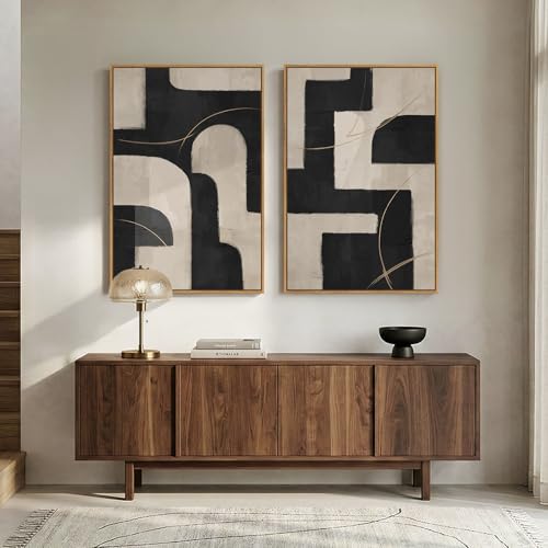 Large Framed Neutral Black and Beige Abstract Wall Art Set of 2, 24x36 In - color: Black and Beige Block, size: 24" W x 36" H x 2Pcs