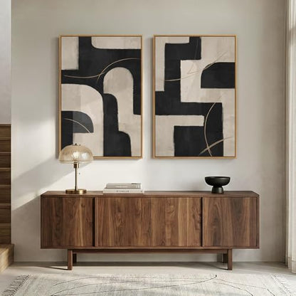 Large Framed Neutral Black and Beige Abstract Wall Art Set of 2, 24x36 In - color: Black and Beige Block, size: 24" W x 36" H x 2Pcs
