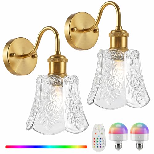 YUNICE Rechargeable Wall Sconces Set of 2 Battery Operated Wall Sconce with Remote Control Dimmable Cordless Wall Lamp with White Glass Lampshade Antique Brass Wall Lights for Bedroom Living Room - color: White