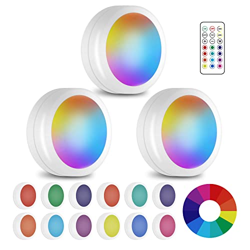 LED Puck Lights with Wireless Remote, 13 Colors RGB Dimmable Under Cabinet Lights, Battery Powered Color Changing Lights, Party Atmosphere Light for Kitchen Closet Counter, 3 Pack - color: White, size: 3 Pack