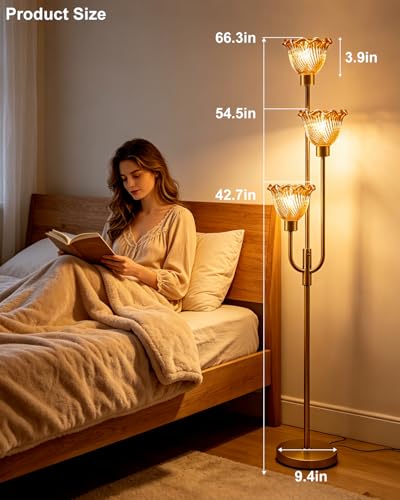 Glass Floor Lamp 66IN 3-Light Modern Amber Glass Gold Dimmable Floor Lamps - color: Amber Flower-Gold