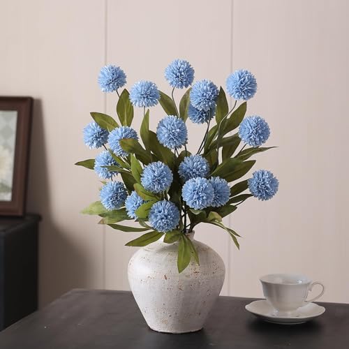 6 Pcs 27"Artificial Pompon Mum Silk Flower Stems for Vase (Dusty Blue) - color: Dusty Blue