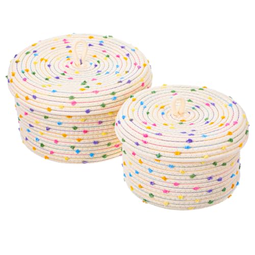 Cotton Rope Basket with Lid Set of 2, Small Basket with Lid for Storage, Woven Basket with Lids 10x8 & 8x5.5 Inches, Storage Basket with Lids for Home Organization, Beige Rainbow Pompom Decorative Bin