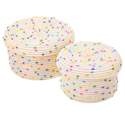 Cotton Rope Basket with Lid Set of 2, Small Basket with Lid for Storage, Woven Basket with Lids 10x8 & 8x5.5 Inches, Storage Basket with Lids for Home Organization, Beige Rainbow Pompom Decorative Bin