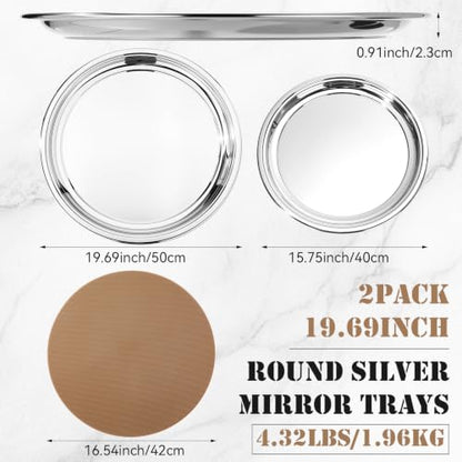 Lemonroad 2 Set Round Silver Mirror Serving Tray 19.69 Inches - size: 19.69 Inches