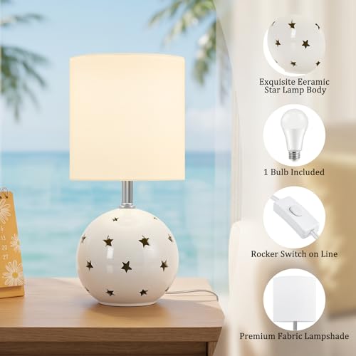Small Table Lamp,14" White Ceramic Bedside Lamp for Girls Kids Bedroom,Dorm - color: White