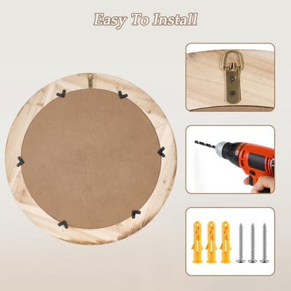 27 Inch Wooden Round Beaded Wall Mirror,Farmhouse Wood Round Mirror - color: Natural