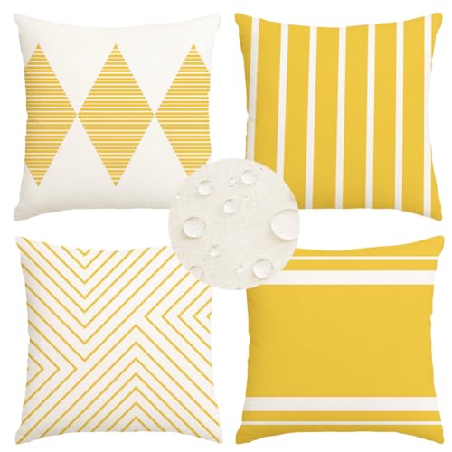 Outdoor Pillows Covers 18x18 Waterproof,Yellow and Beige Set of 4(No Insert - color: Yellow and Beige, size: 18" x 18" (Pack of 4)