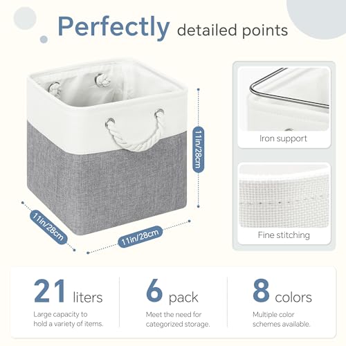 FinishingBo 11 inch Cube Storage Bin with Handles 6 Pack - color: White/Grey-6 Pack