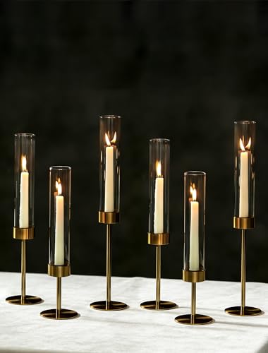 NUPTIO Hurricane Candle Holder for Centerpiece, Set of 6 Candlestick Holder - color: Brass - Clear, size: 6pcs