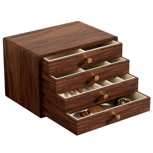 GENUINED Solid Walnut Wooden Jewelry Box with Compartments, Gifts for Women