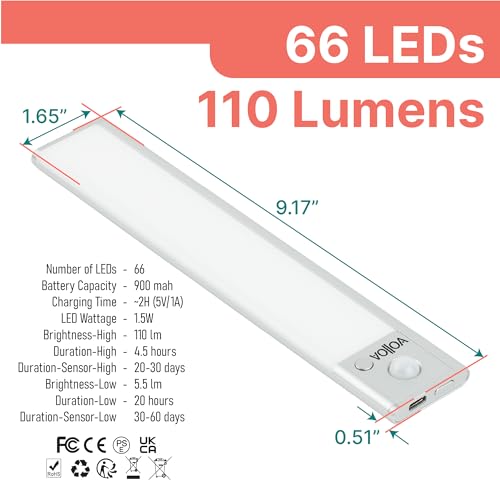 Motion Sensor Under Cabinet Light, LED Closet Light, 9.17 in Silver - color: Silver, size: Small - 9.17in