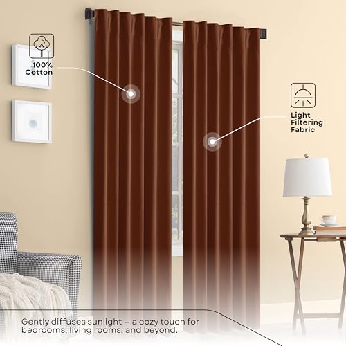 Brown Solid Panel Curtains, 63 Inches Long, Set of 2, 100% Cotton, Light Filtering for Privacy, Rustic Farmhouse Warmth, Ideal for Bedroom, Living Room, 54" W x 63" L - color: Brown, size: 54"W x 63"L (Pack of 2)