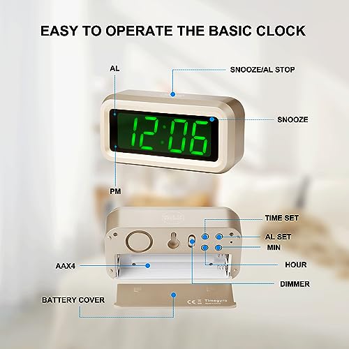 Digital Alarm Clock Battery Operated with LED Display for Bedrooms, Long Battery Life for 12 Months, 3 Brightness Adjustable, 12/24 Hour, Snooze, Golden Case with Green Digits - color: Golden-green