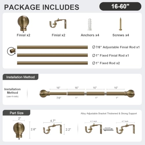 Antique Bronze Curtain Rods 16-60 Inch Heavy Duty 1 Inch Diameter - color: Bronze, size: 16"-60"|1 Pack
