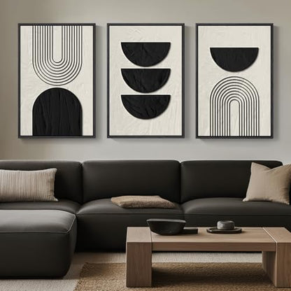 Large Framed Boho Neutral Abstract Wall Art, 3 Piece Canvas Prints 24x36 In - color: Geometric - D, size: 24" W x 36" H x 3Pcs