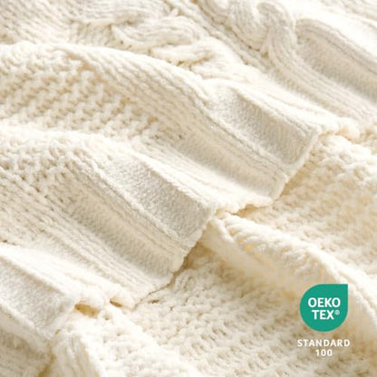 Amélie Home Chenille Knit Throw Blanket, Cream White 50"x60" - color: Cable Cream White, size: 50" X 60"