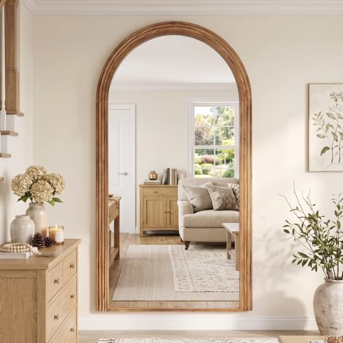 82"x44" Arched Full Length Mirror with Wide Wood Frame,Natural Wood - color: Natural Wood, size: 82L" x 44W"