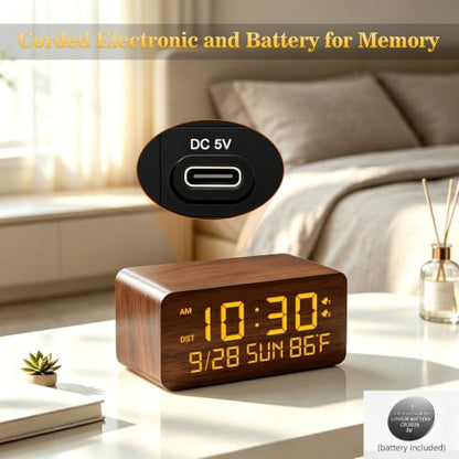 Premium Brown Wooden Digital Alarm Clock with Wireless Phone Charger, Dual USB Charging Ports, Dimmable LED Display, Date and Day of Week, Small Digital Desk Clock for Bedroom Nightstand Bedside Table - color: Brown