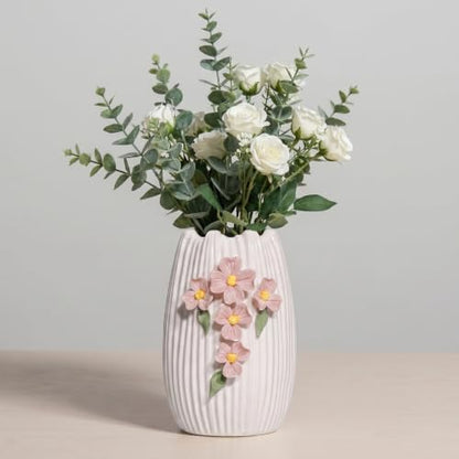 Ceramic Flower Vase, 7 Inch Small Boho Vase, White - color: White and Pink, size: 7 inch