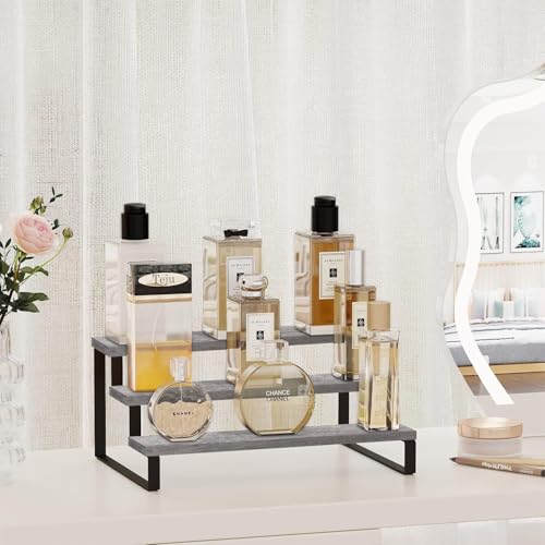 YINMIT Wooden Display Riser Stand, Tiered Perfume and Cologne Organizer Stand, 3 Tier Spice Rack Organizer, Rustic Display Shelf for Candles (3 Tier,Grey) - color: 3 Tier,1 Pack,Grey