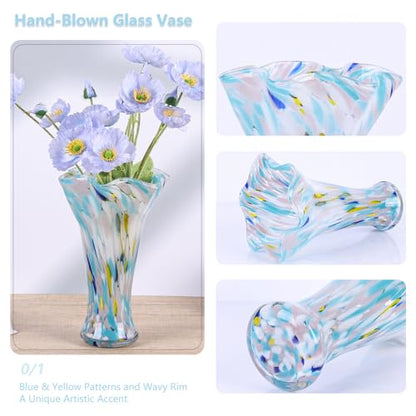 9.0" H Blue White Glass Vases for Flower, Unique Hand Blown Glass Vase - color: Multicolor Blue