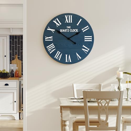 ARTPOWER 24" Extra Large Farmhouse Wall Clock,Solid Wood Veneer,Blue - color: Blue, size: 24"W x 24"H