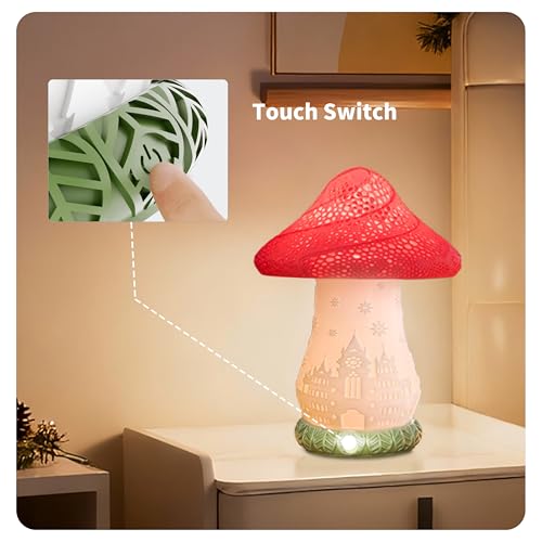 Cordless Mushroom Lamp - Rechargeable Touch Lamp for Nightstand, 3 Color Temperature Bedside Lamp with Rotating Castle Shade, Battery Operated Small Lamp for Bedroom, Nursery, Kids Room - color: Green Base - Mushroom